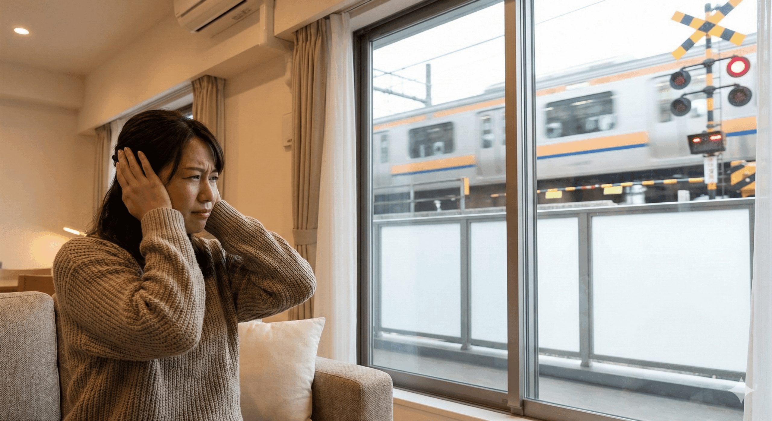 線路沿いの家で電車と遮断機の騒音に悩む女性と内窓防音対策