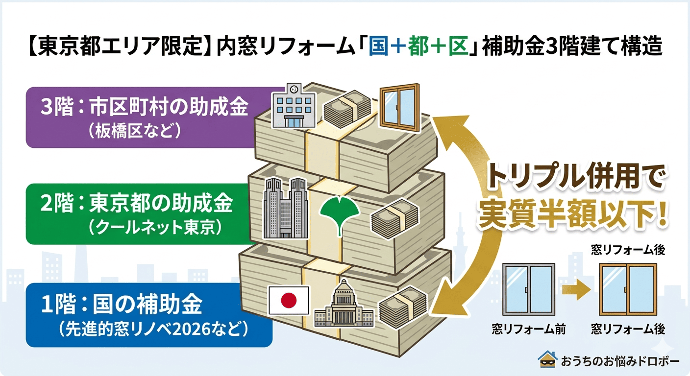 国と東京都と市区町村の内窓補助金のトリプル併用イメージ